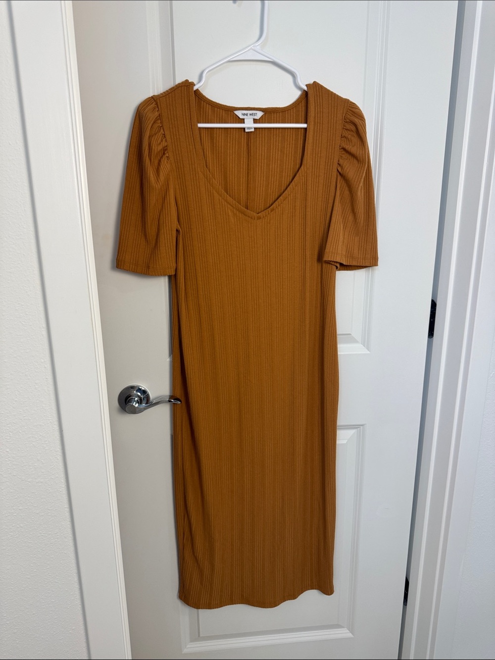 Nine West Ribbed V-Neck Midi Dress in Mustard
